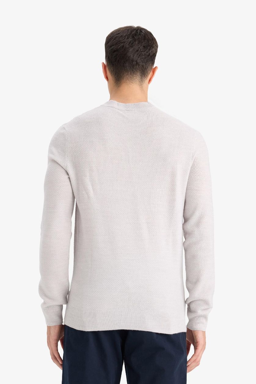 Erkek Açık Gri Standart Fit Bisiklet Yaka Basic Dokulu Triko Kazak