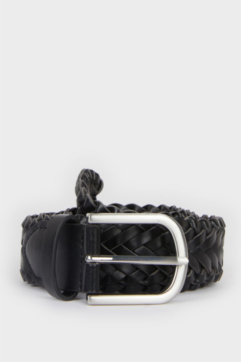 رجالي أسود حزام رجالي جلد صناعي أسود مضفر بمشبك مستطيل