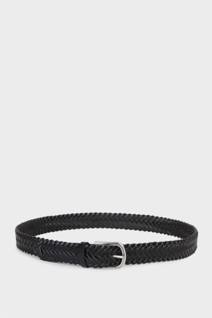 رجالي أسود حزام رجالي جلد صناعي أسود مضفر بمشبك مستطيل