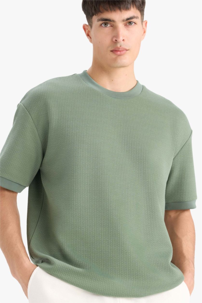 رجال كاكي فاتح تيشيرت نص ردن اوفر سايز ياخة مستديرة