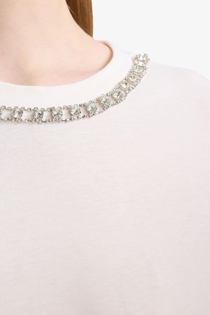 Woman Ecru Regular Fit Crew Neck Short Sleeve Tunic