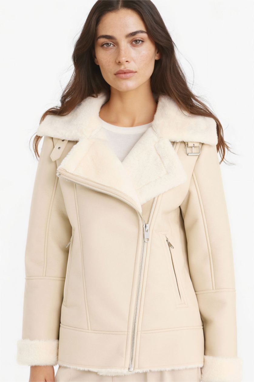 حريمي اللون الرملي جاكيت شتوي واسع أوفر سايز واتر بروف ببطانة فرو صناعي وسوستة