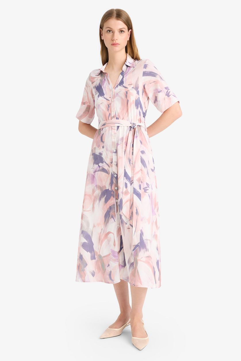 Kadın Pembe Gömlek Yaka Batik Desenli Kuşaklı Kısa Kollu Midi Yazlık Elbise