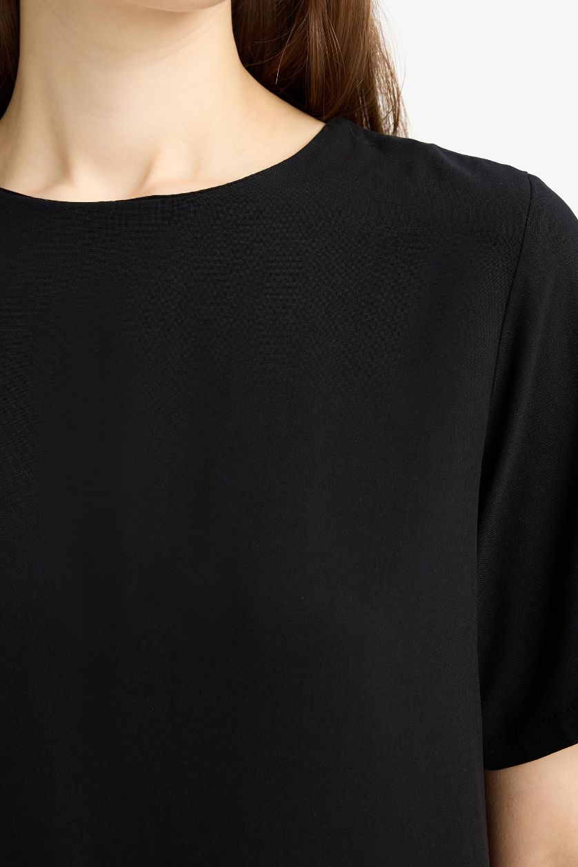 Женщины Черный Платье мини с круглым вырезом, базовое, с коротким рукавом