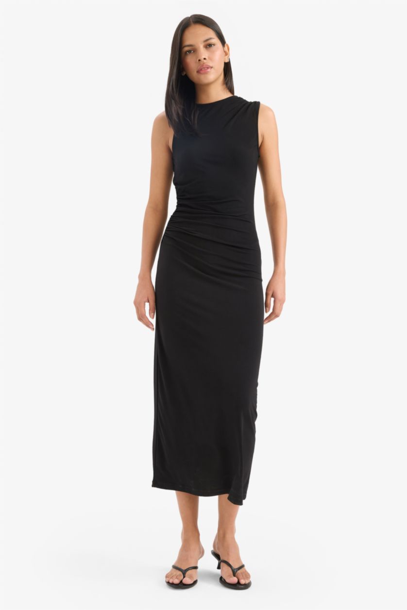 Kadın Siyah Bodycon Vücudu Saran Dik Yaka Basic Düz Kolsuz Maxi Abiye Elbise