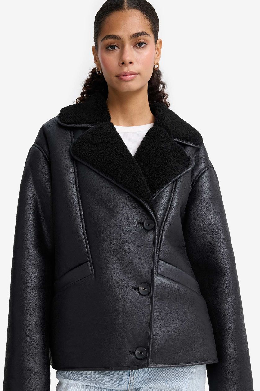 WOMAN Black Regular Fit Faux Fur Lined Jacket