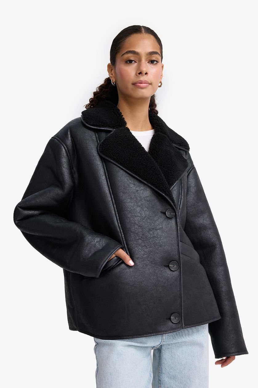 WOMAN Black Regular Fit Faux Fur Lined Jacket