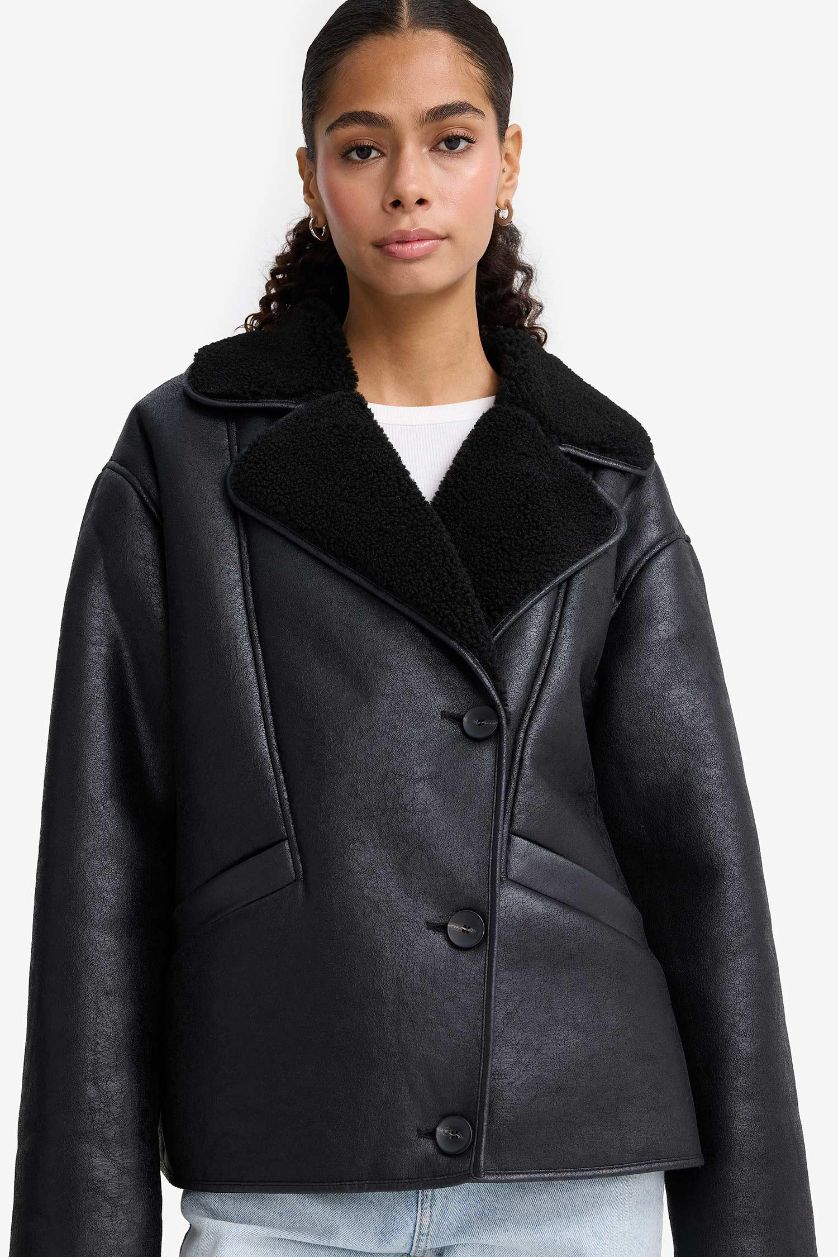WOMAN Black Regular Fit Faux Fur Lined Jacket