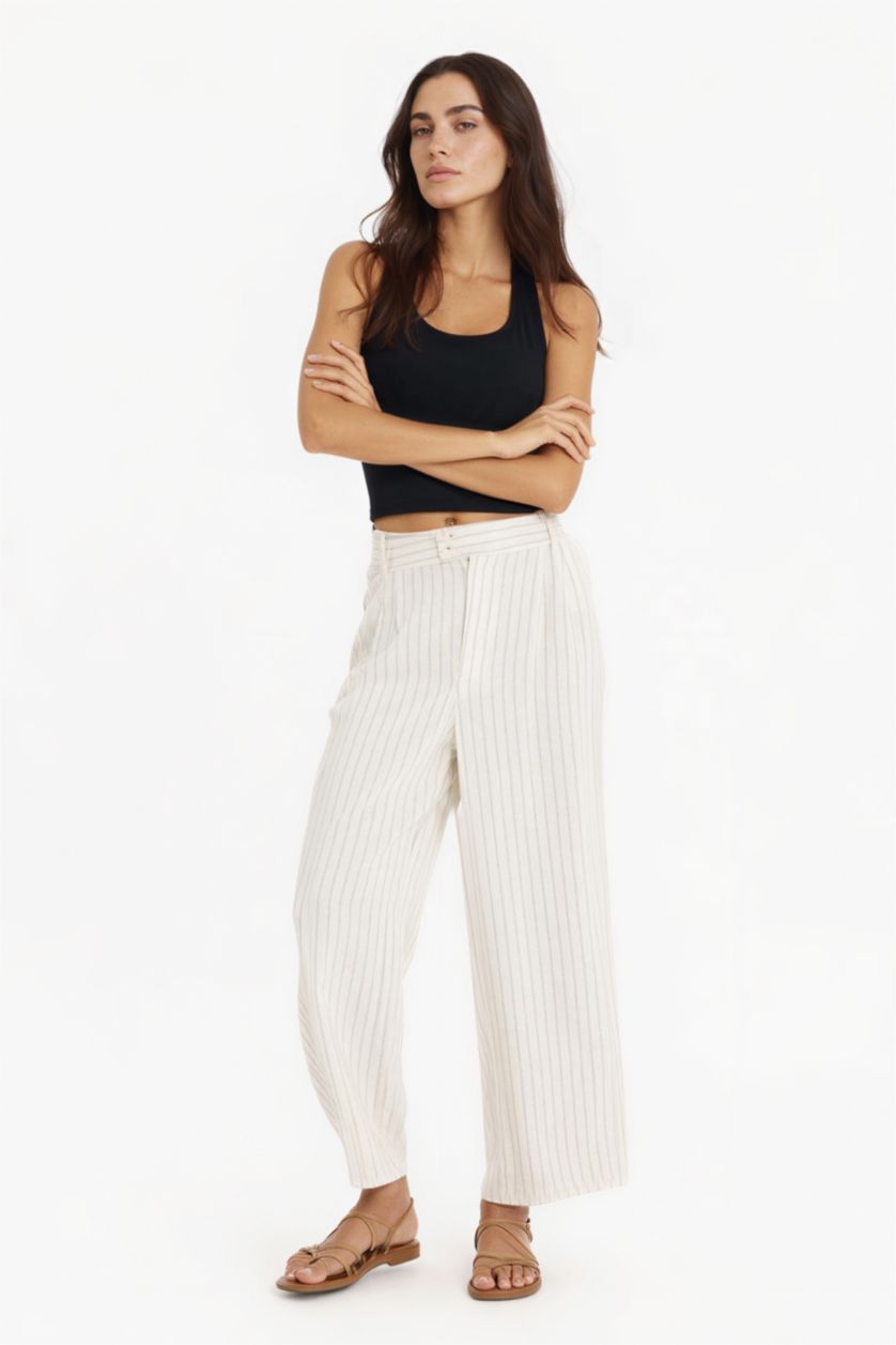 Woman Stone Culotte High Waist Wide Leg Linen Blend Trousers