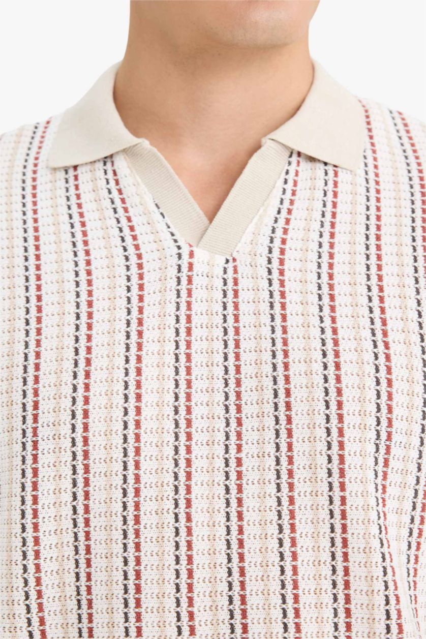 Erkek Taş Regular Fit Polo Yaka Çizgili Kısa Kollu Tişört