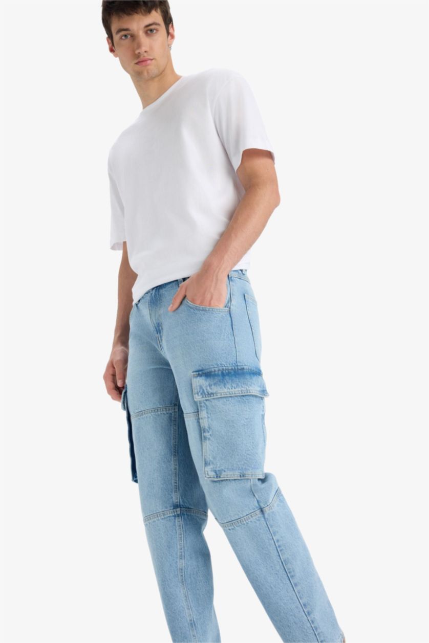 Ерлер Ашық Көк релакс пішімі деним тұрақты етек Шалбар