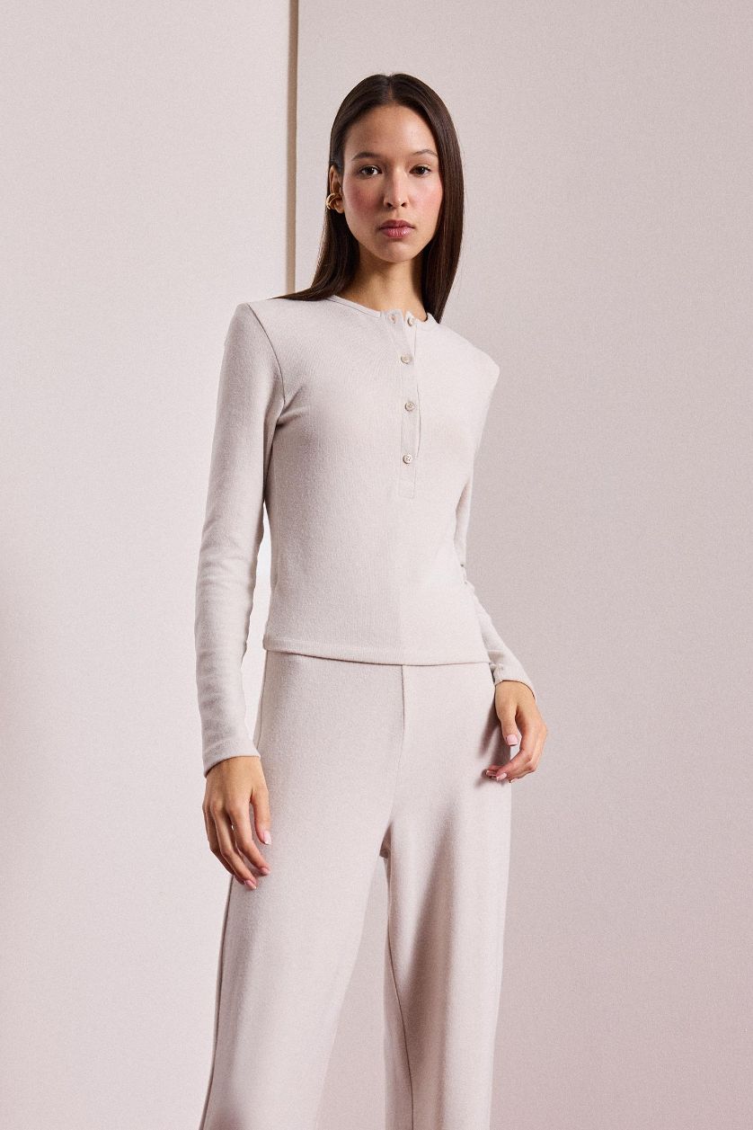 Woman Vison Melange Slim Fit Long Sleeve Buttoned Crew Neck T-shirt