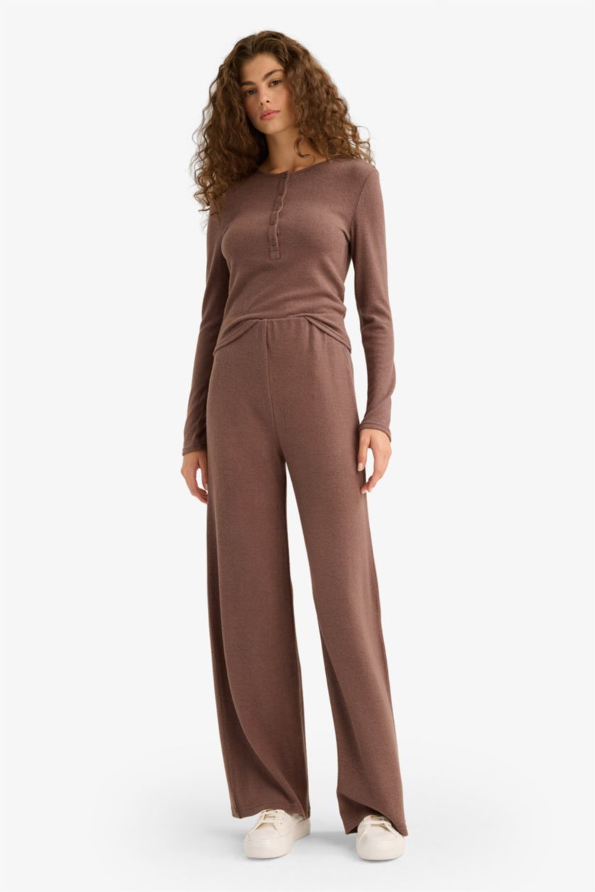 WOMAN Brown Slim Fit Long Sleeve Buttoned Crew Neck T-shirt