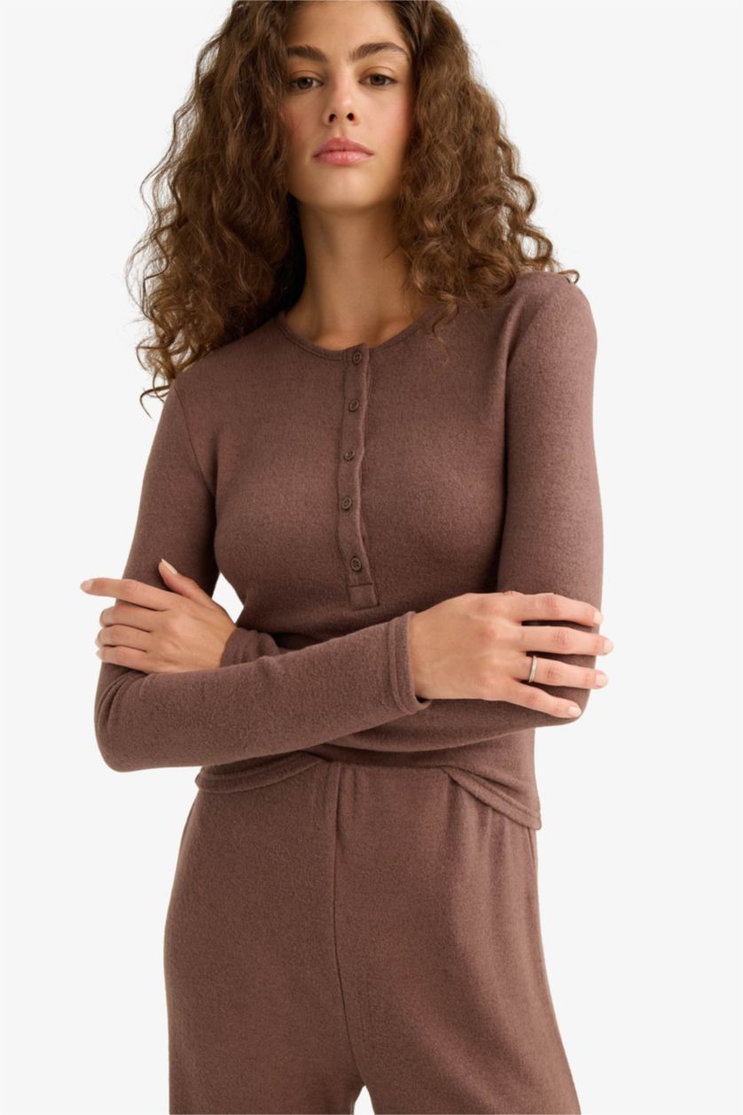 WOMAN Brown Slim Fit Long Sleeve Buttoned Crew Neck T-shirt