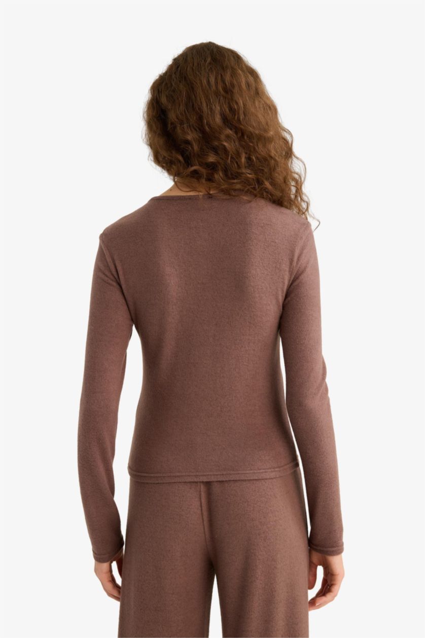 WOMAN Brown Slim Fit Long Sleeve Buttoned Crew Neck T-shirt