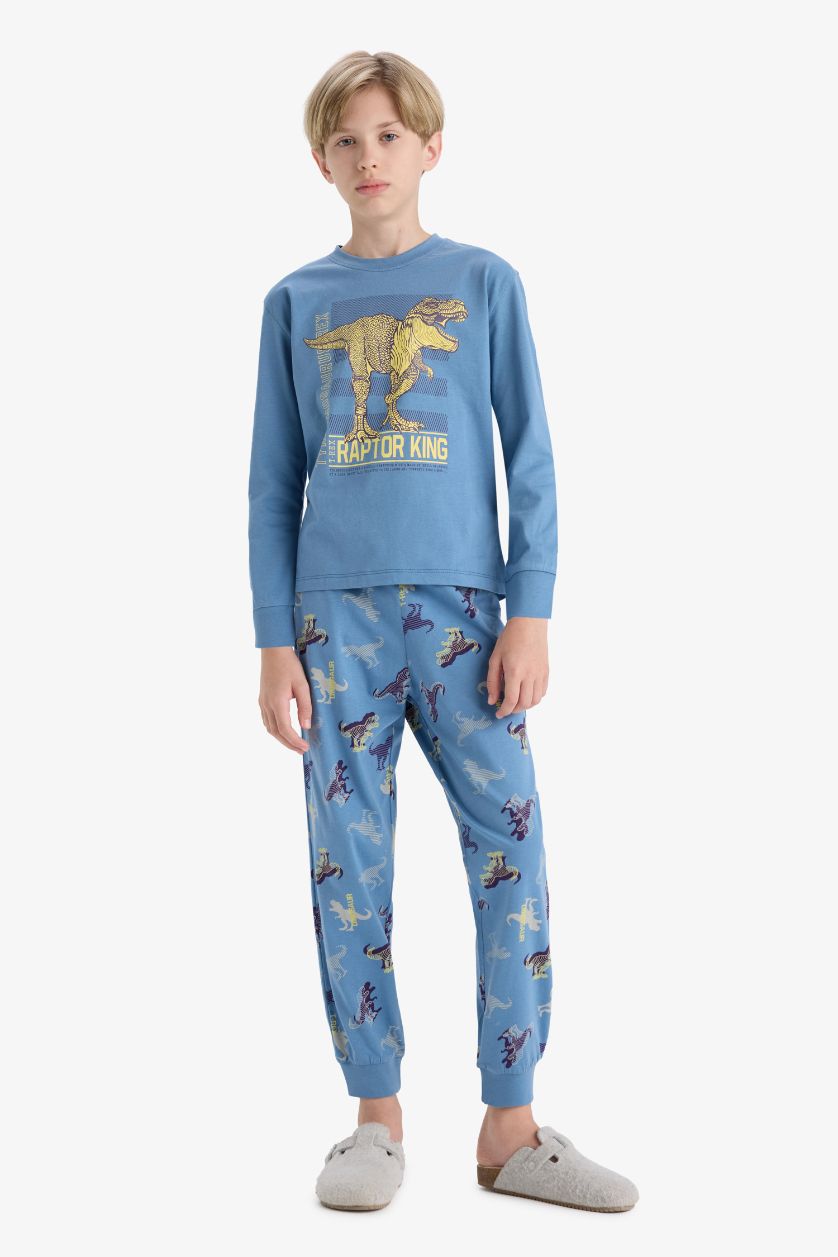 Erkek Çocuk - Genç Erkek Mavi %100 Pamuklu Dinozor Baskılı Beli Lastikli Pijama Takımı Erkek Çocuk