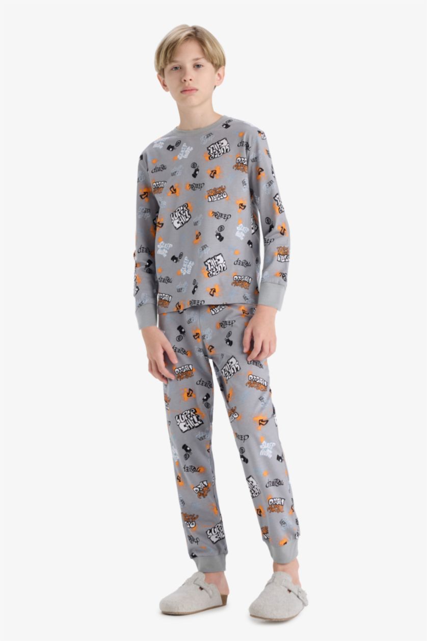Erkek Çocuk - Genç Erkek Gri %100 Pamuklu Desenli Beli Lastikli Pijama Takımı Erkek Çocuk