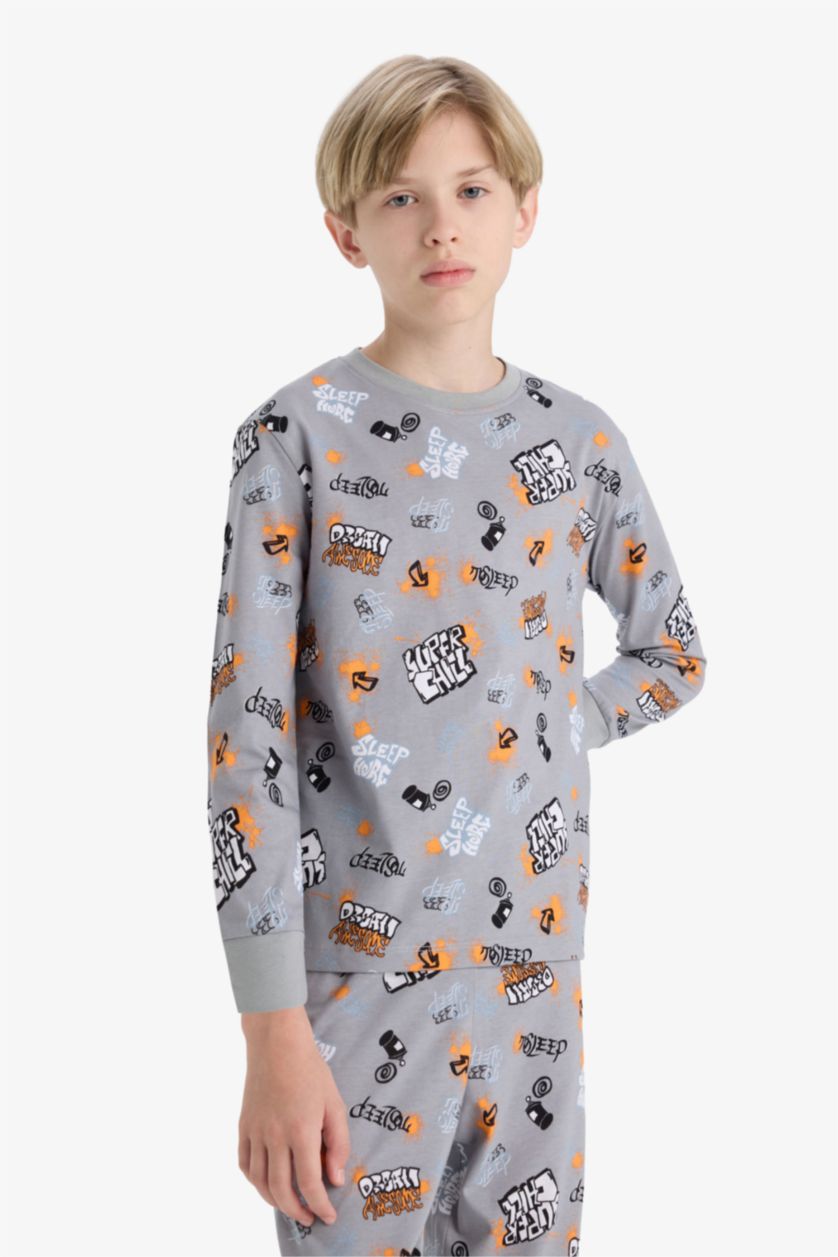 Erkek Çocuk - Genç Erkek Gri %100 Pamuklu Desenli Beli Lastikli Pijama Takımı Erkek Çocuk
