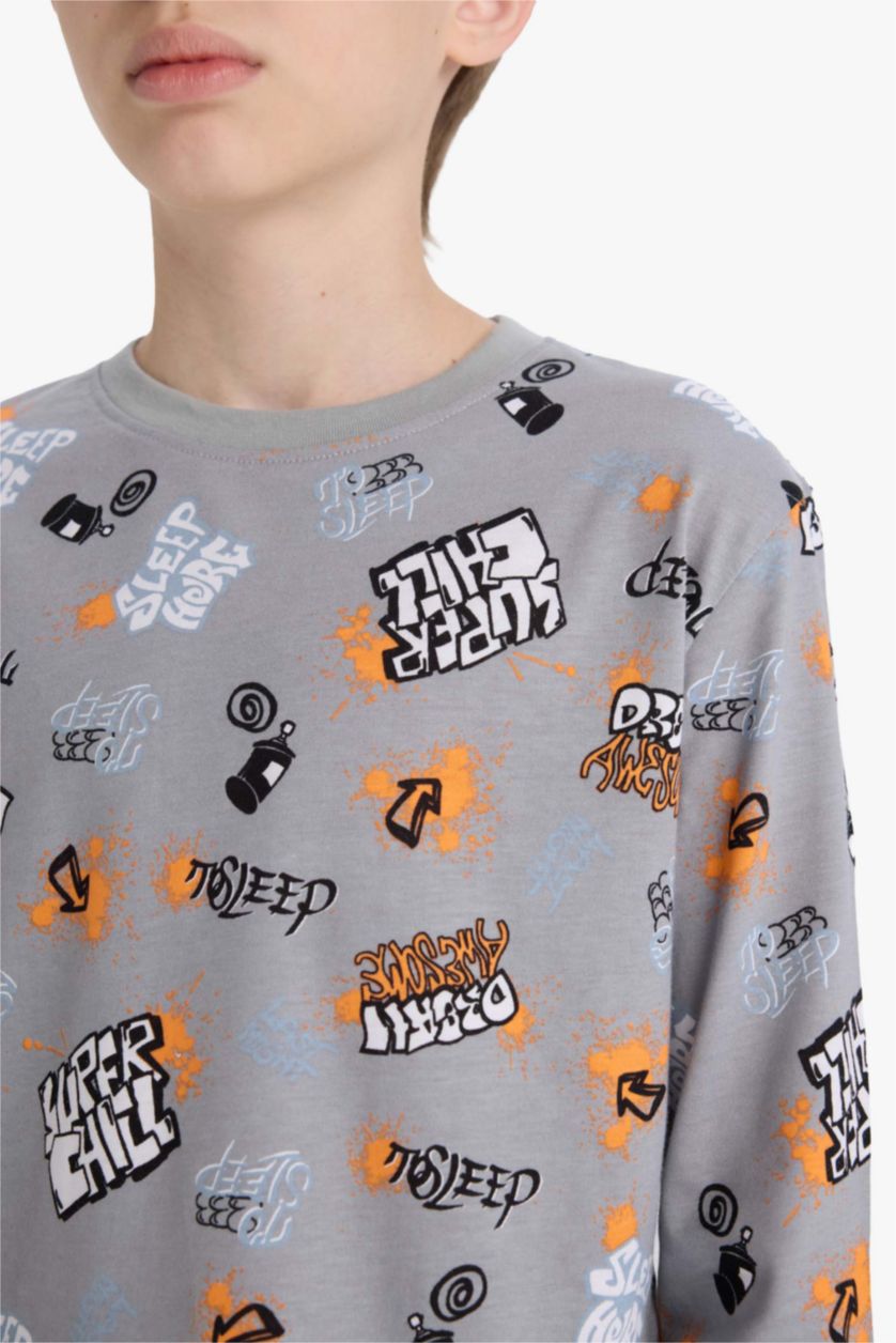 Erkek Çocuk - Genç Erkek Gri %100 Pamuklu Desenli Beli Lastikli Pijama Takımı Erkek Çocuk