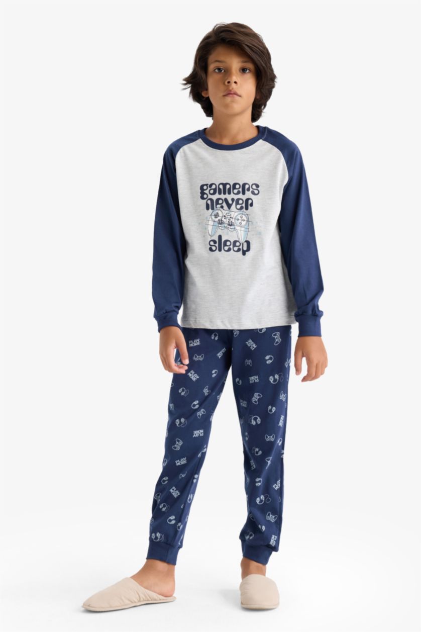 Erkek Çocuk - Genç Erkek Optik Gri Melanj Pijama Takımı Baskılı Uzun Kollu Üst Uzun Alt Erkek Çocuk