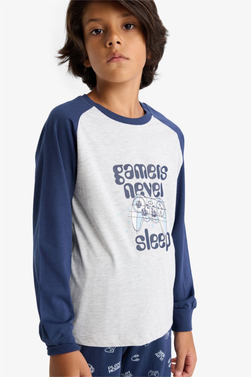 Erkek Çocuk - Genç Erkek Optik Gri Melanj Pijama Takımı Baskılı Uzun Kollu Üst Uzun Alt Erkek Çocuk