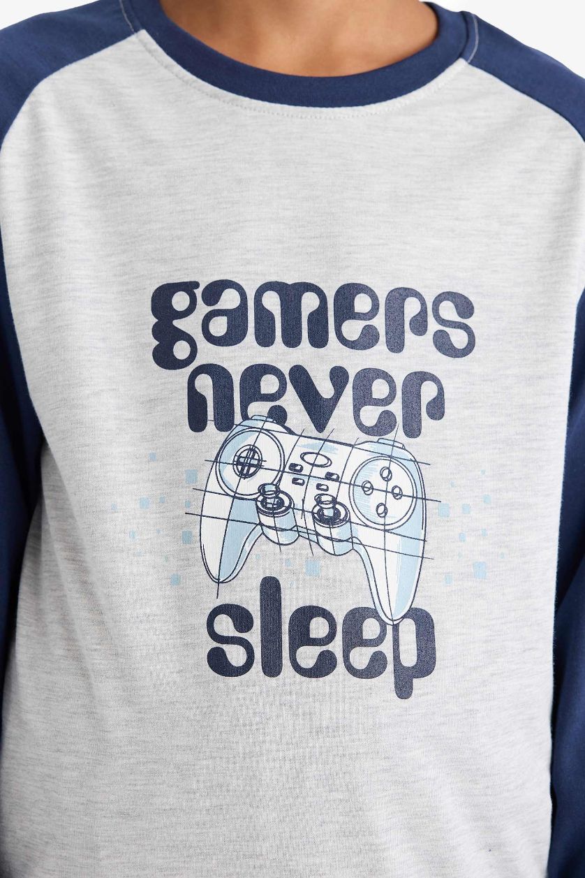 Erkek Çocuk - Genç Erkek Optik Gri Melanj Pijama Takımı Baskılı Uzun Kollu Üst Uzun Alt Erkek Çocuk