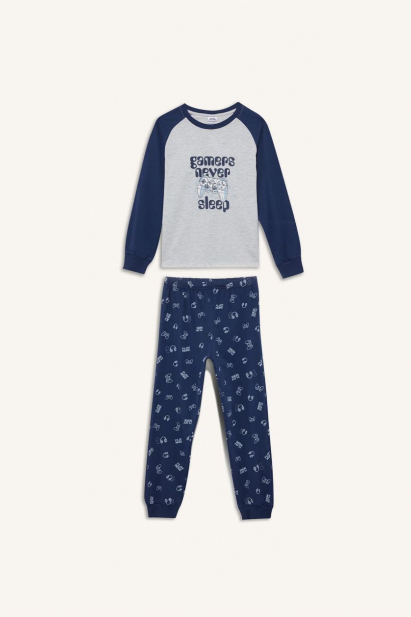 Erkek Çocuk - Genç Erkek Optik Gri Melanj Pijama Takımı Baskılı Uzun Kollu Üst Uzun Alt Erkek Çocuk