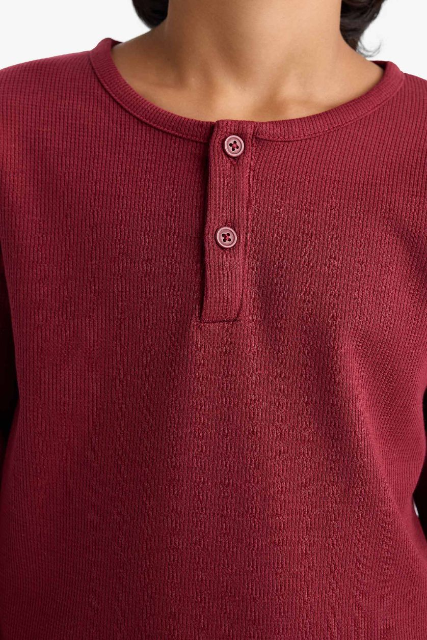 Erkek Çocuk - Genç Erkek Bordo Pijama Takımı Waffle Uzun Kollu Üst Kareli Uzun Alt Erkek Çocuk