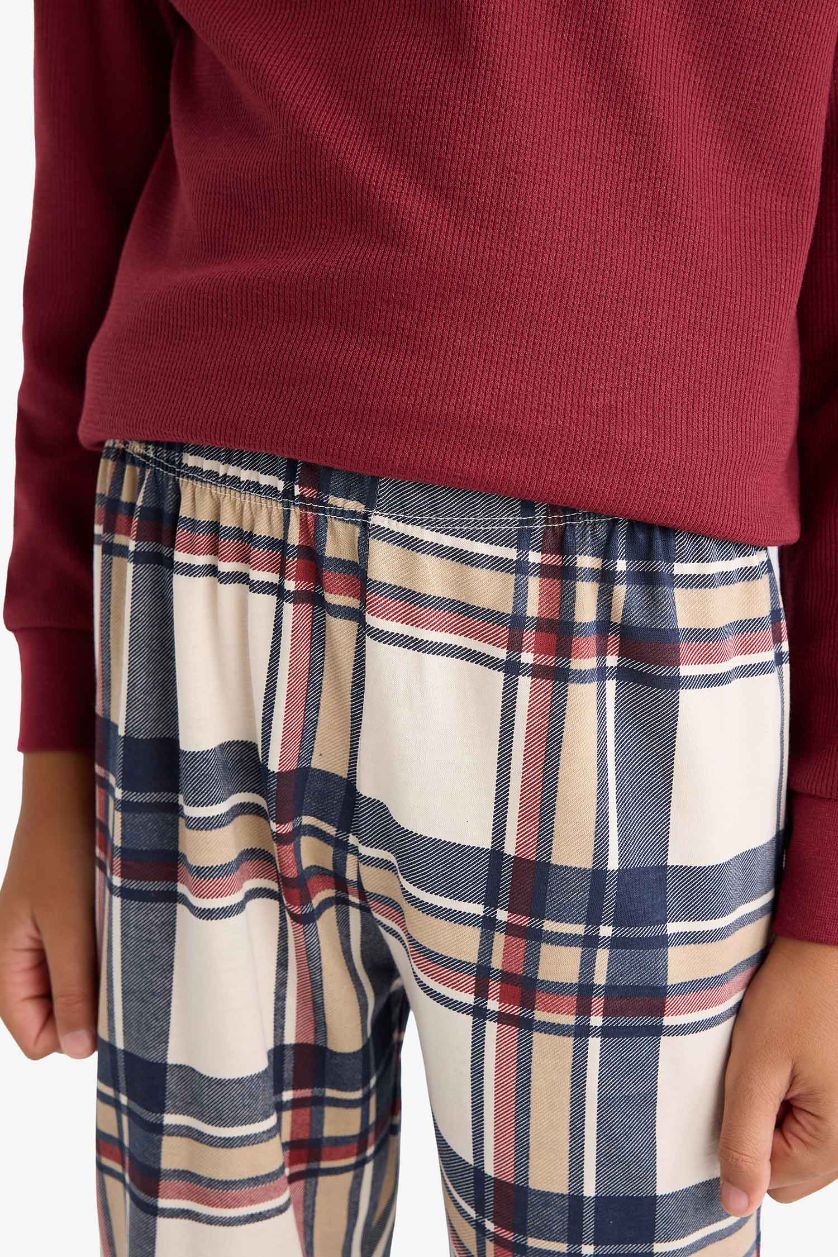 Erkek Çocuk - Genç Erkek Bordo Pijama Takımı Waffle Uzun Kollu Üst Kareli Uzun Alt Erkek Çocuk