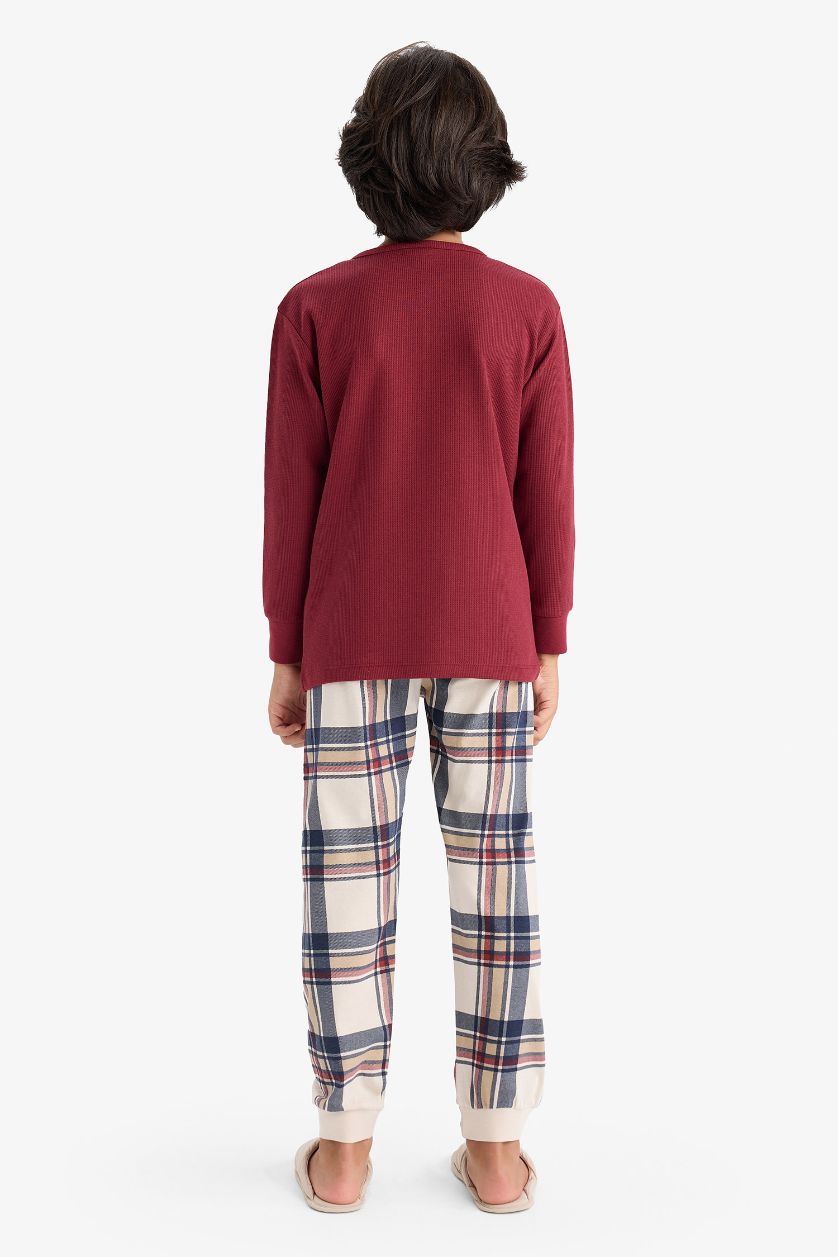 Erkek Çocuk - Genç Erkek Bordo Pijama Takımı Waffle Uzun Kollu Üst Kareli Uzun Alt Erkek Çocuk