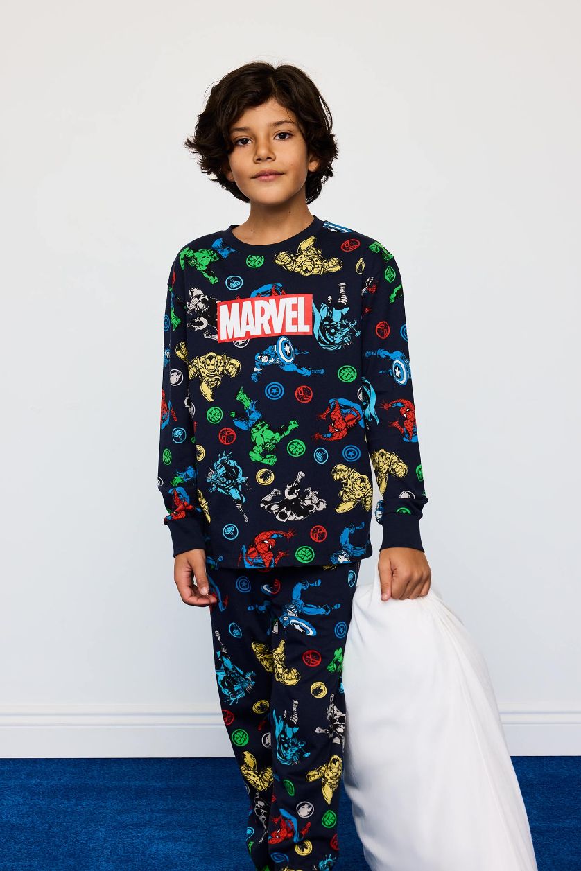 Erkek Çocuk - Genç Erkek Lacivert %100 Pamuklu Marvel Comıcs Beli Lastikli Pijama Takımı Erkek Çocuk