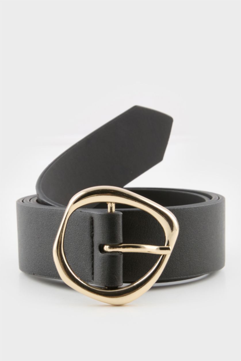 Woman Black Woman Oval Buckle Faux Leather Denim Belt