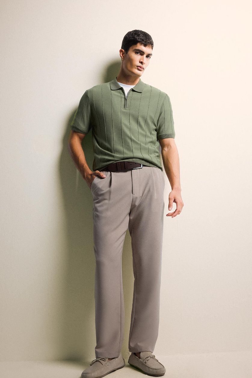 Erkek Açık Haki Standart Fit Fermuarlı Polo Yaka Triko Kısa Kollu Tişört