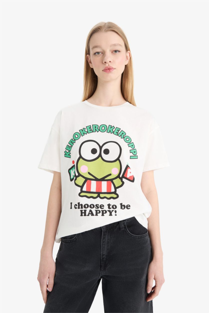 Kadın Kırık Beyaz Hello Kitty Oversize Geniş Kalıp Sırt Baskılı Kısa Kollu Tişört