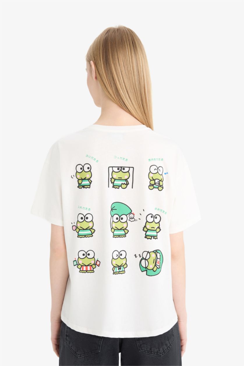 Kadın Kırık Beyaz Hello Kitty Oversize Geniş Kalıp Sırt Baskılı Kısa Kollu Tişört