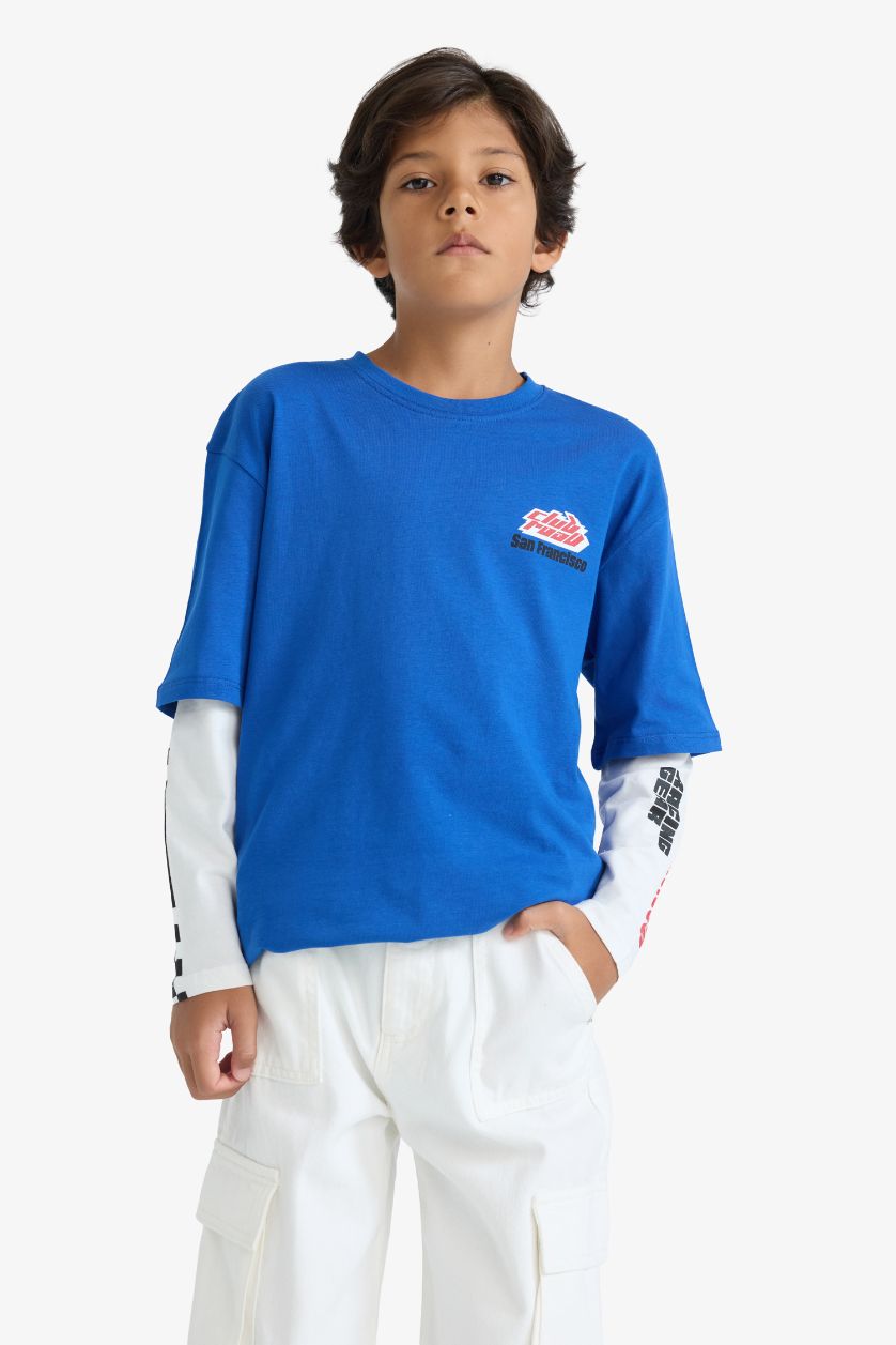 BOYS & TEENS Dark Blue Boy Oversize Fit Crew Neck Printed T-Shirt