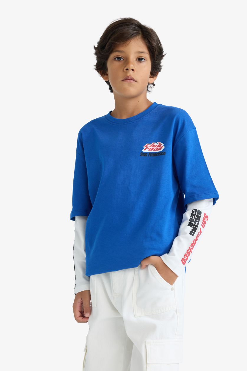 BOYS & TEENS Dark Blue Boy Oversize Fit Crew Neck Printed T-Shirt