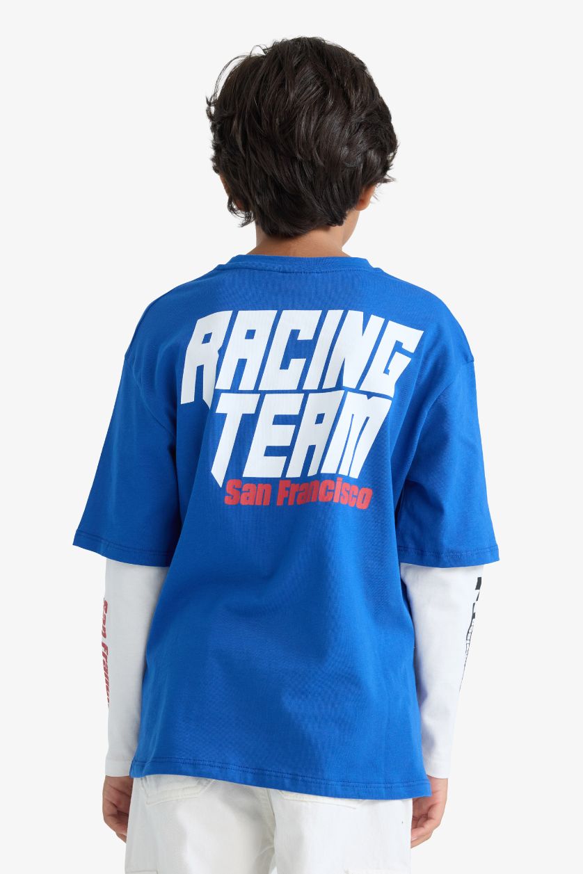 BOYS & TEENS Dark Blue Boy Oversize Fit Crew Neck Printed T-Shirt