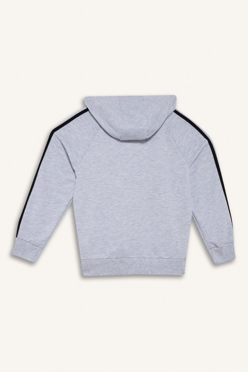 Erkek Çocuk - Genç Erkek Optik Gri Melanj Kapüşonlu Baskılı Sweatshirt Erkek Çocuk