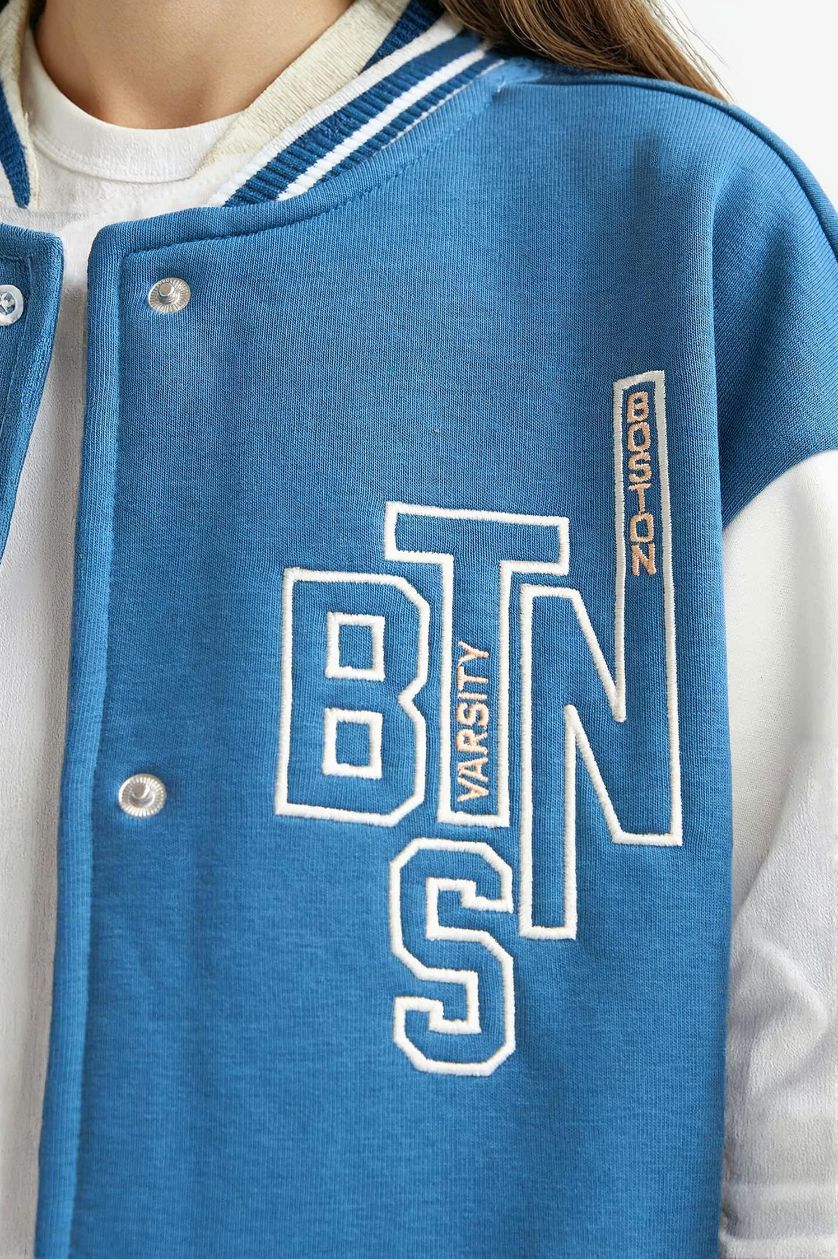 بنات أزرق غامق سترة بطبعة شعار قماش سميك اوفر سايز بومبر