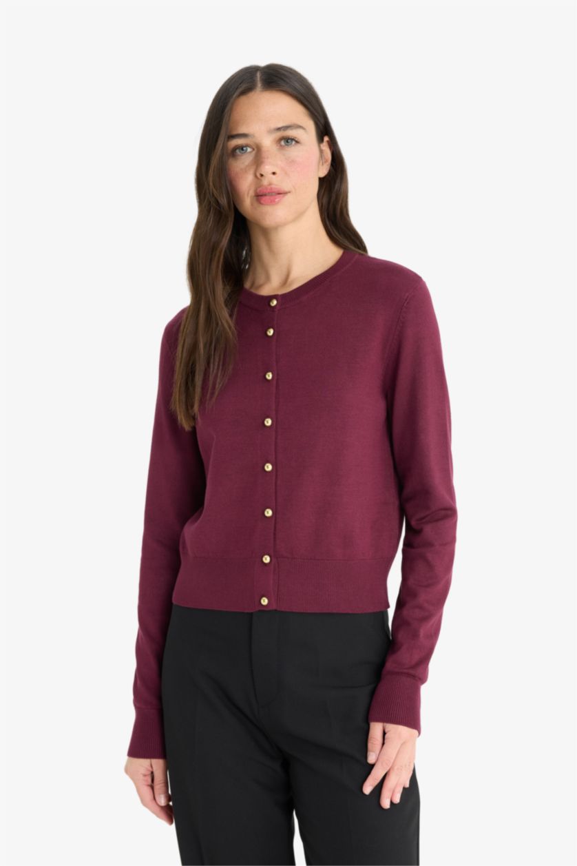 نساء خمري جاكيت تريكو قصة عادية بياخة مستديرة