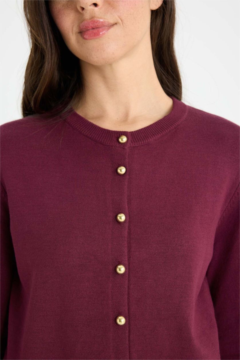 نساء خمري جاكيت تريكو قصة عادية بياخة مستديرة