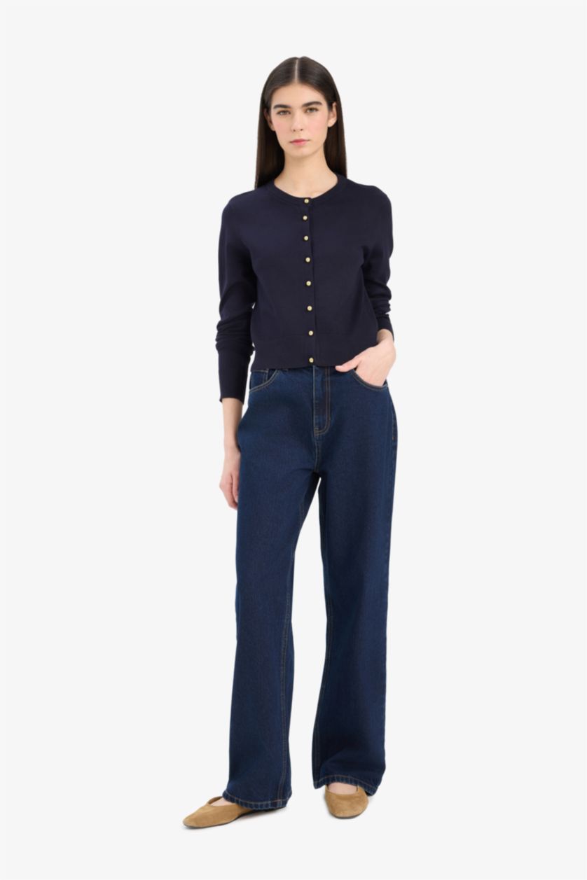 Женщины Синий Трикотажный кардиган Regular Fit с круглым вырезом