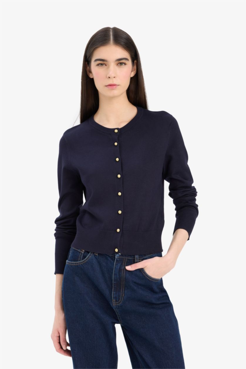 Женщины Синий Трикотажный кардиган Regular Fit с круглым вырезом