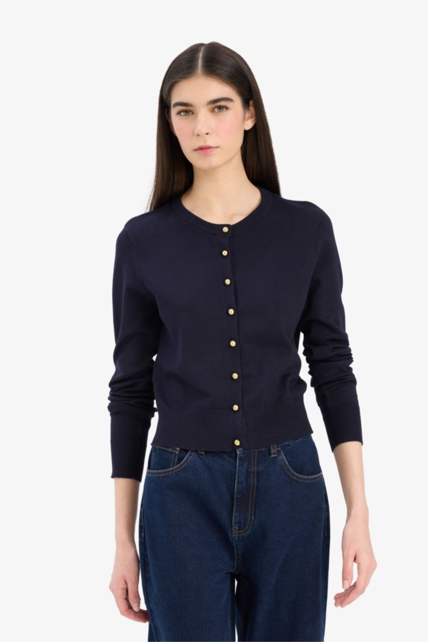 Женщины Синий Трикотажный кардиган Regular Fit с круглым вырезом