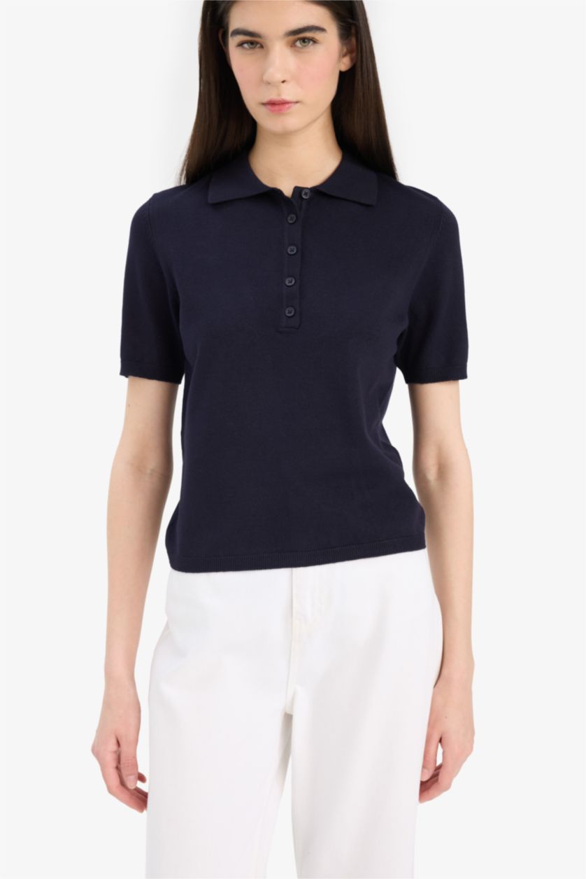 Женщины Синий Приталенный трикотажный свитер с воротником-поло