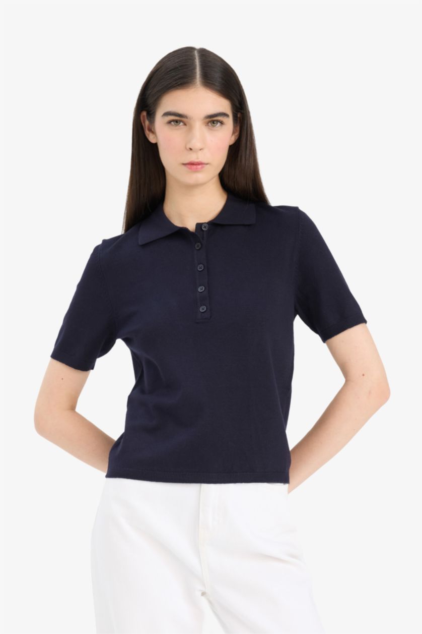 Женщины Синий Приталенный трикотажный свитер с воротником-поло