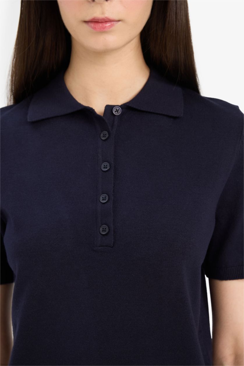 Женщины Синий Приталенный трикотажный свитер с воротником-поло