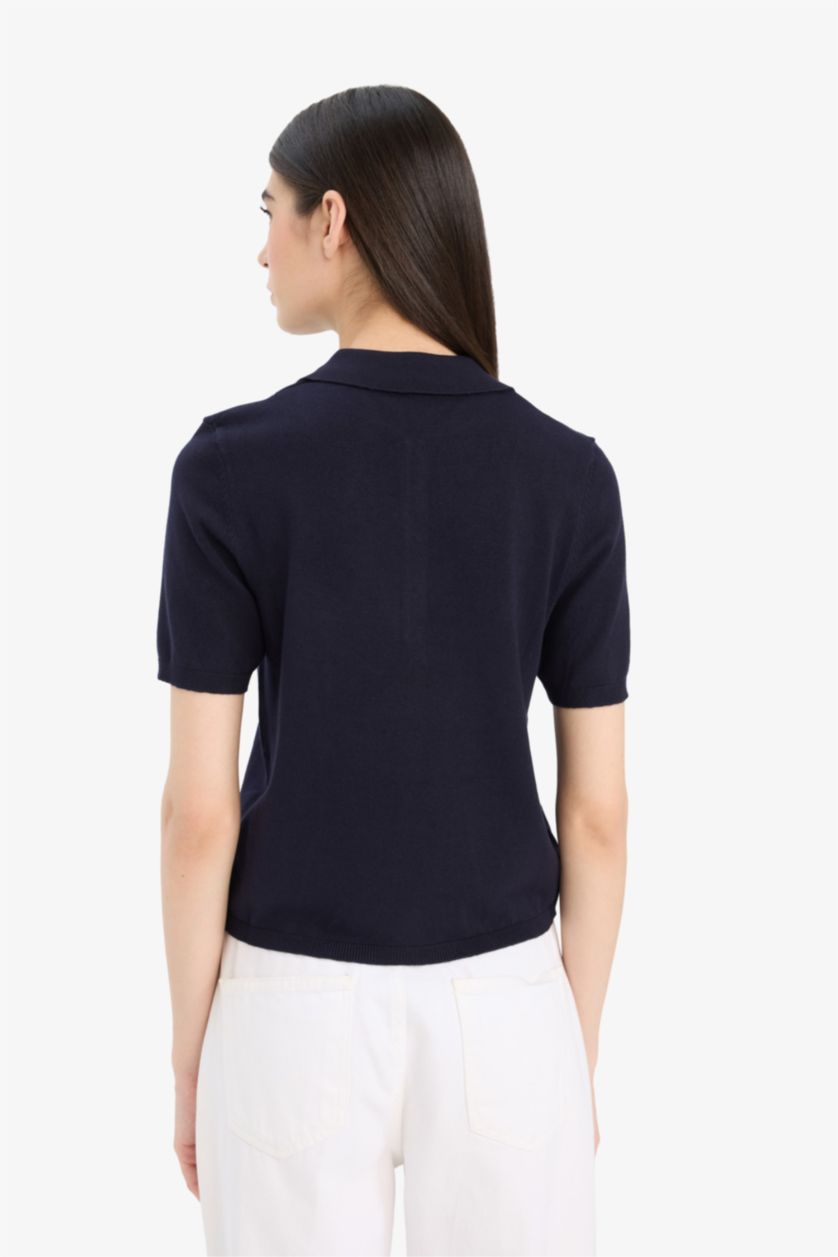 Женщины Синий Приталенный трикотажный свитер с воротником-поло