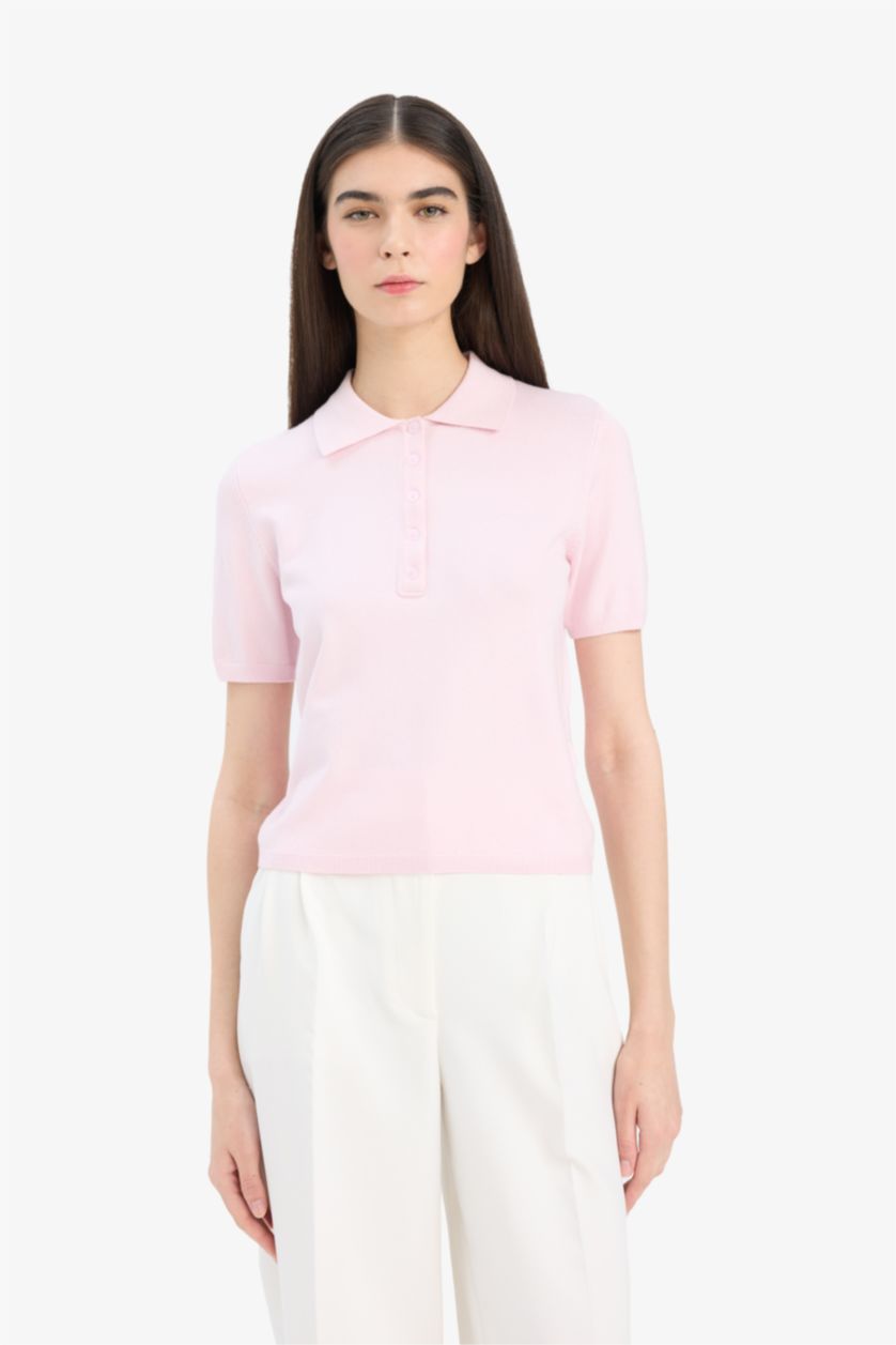 Әйелдерге Қызғылт ұзын бұлшықет пішімі поло жаға трикотаж Пулловер